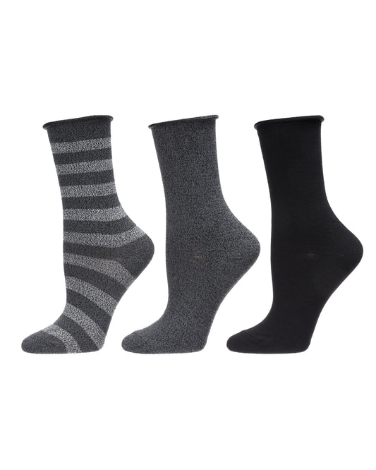 Stripe Roll Top Buttersoft Crew Sock 3 Pack : Color: Black Marled