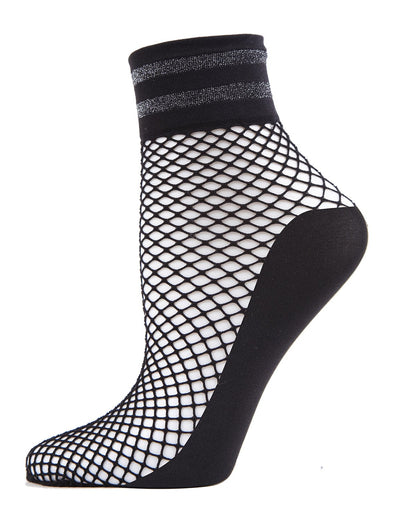Metallic Stripe Fishnet Ankle Sock : Color: Black