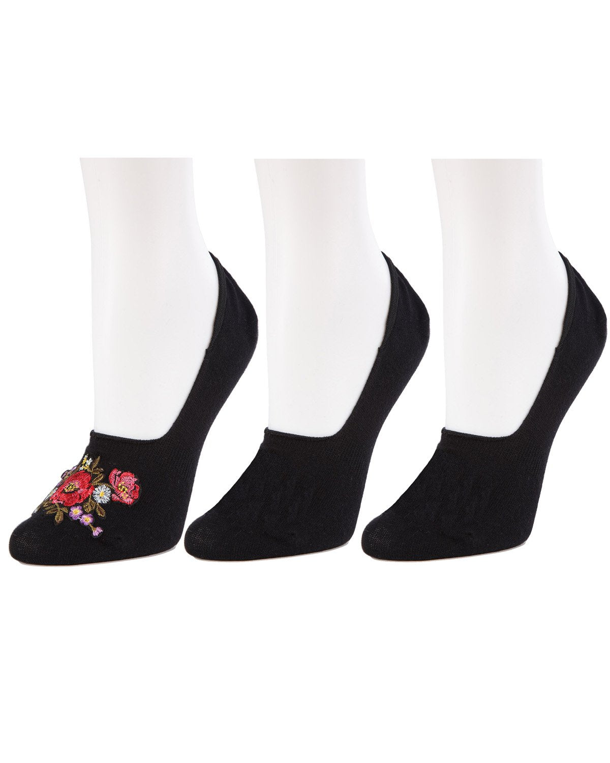 Embroidered Bouquet No-Show Cotton Blend Socks 3-Pack : Color: Black