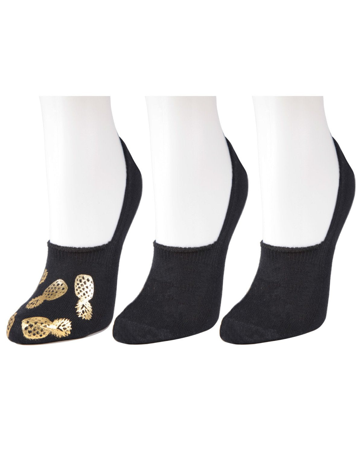 Women's 3 Pair Pack Golden Pineapples No Show Liner Socks : Color: Black/Gold
