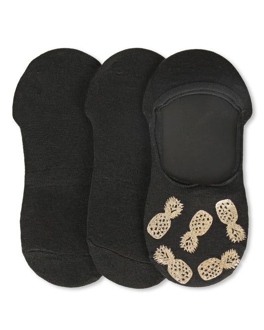 Women's 3 Pair Pack Golden Pineapples No Show Liner Socks : Color: Black/Gold