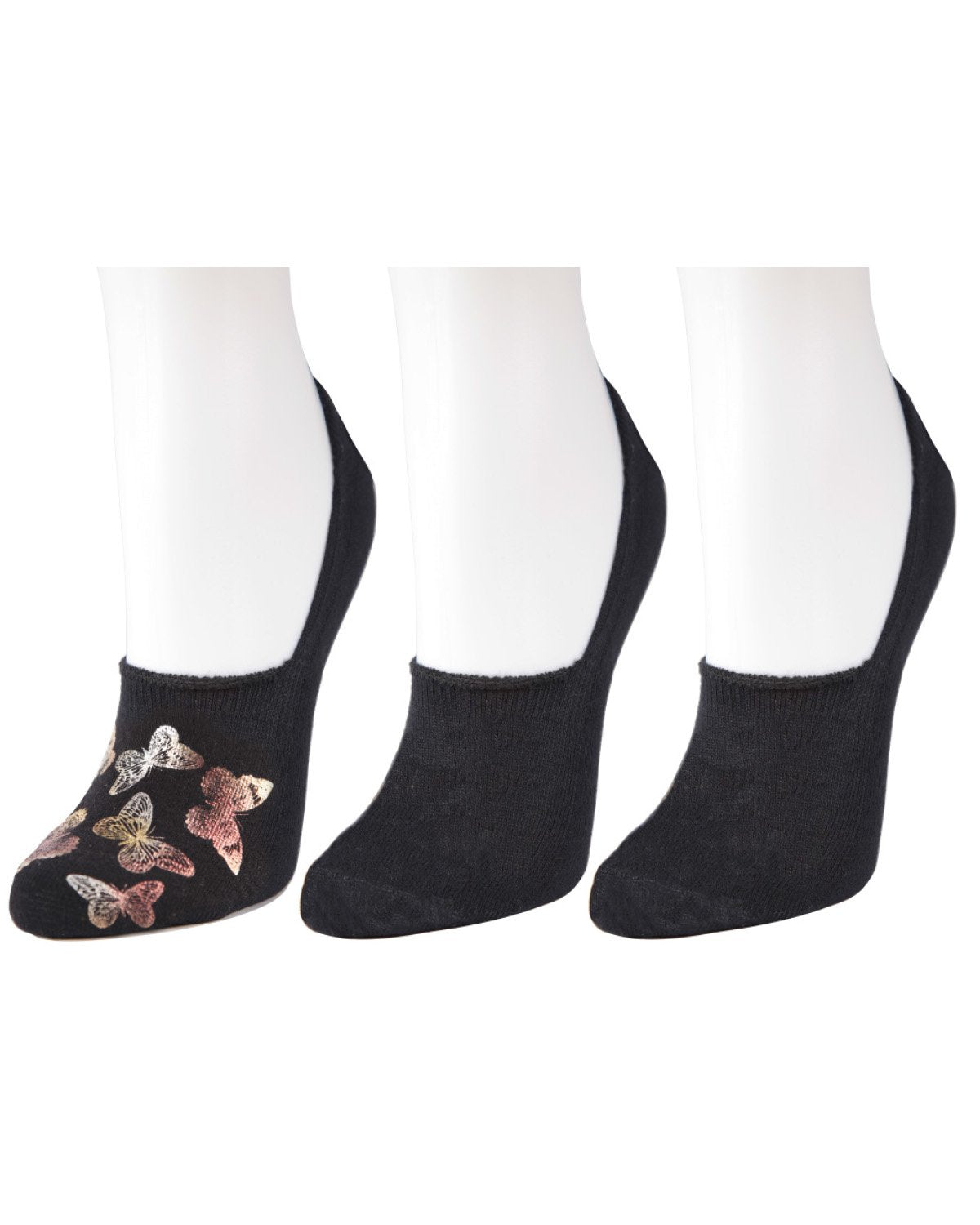 Women's 3 Pair Pack Metallic Monarch Butterfly No Show Liner Socks : Color: Black/Rose Gold