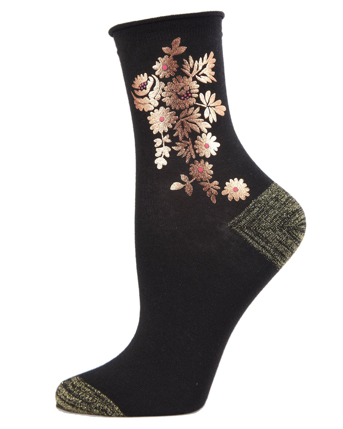Gilded Roses Metallic Floral Cotton Blend Crew Socks : Color: Black