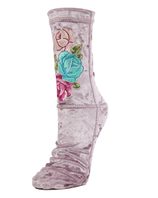 Floral Embroidered Crushed Velvet Crew Socks : Color: Lavender