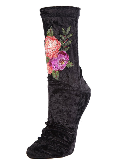 Floral Embroidered Crushed Velvet Socks : Color: Black