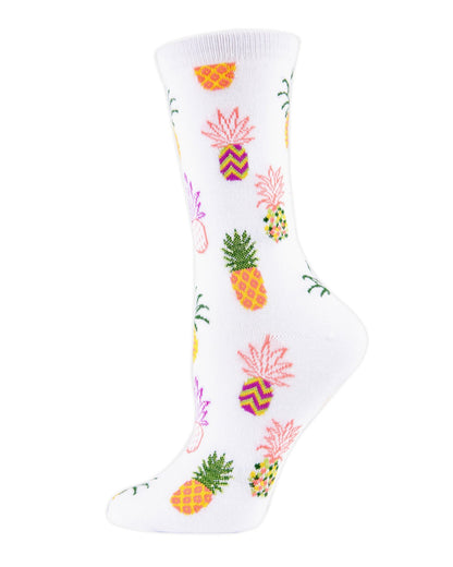 Pineapple Fiesta Bamboo Blend Crew Socks : Color: White