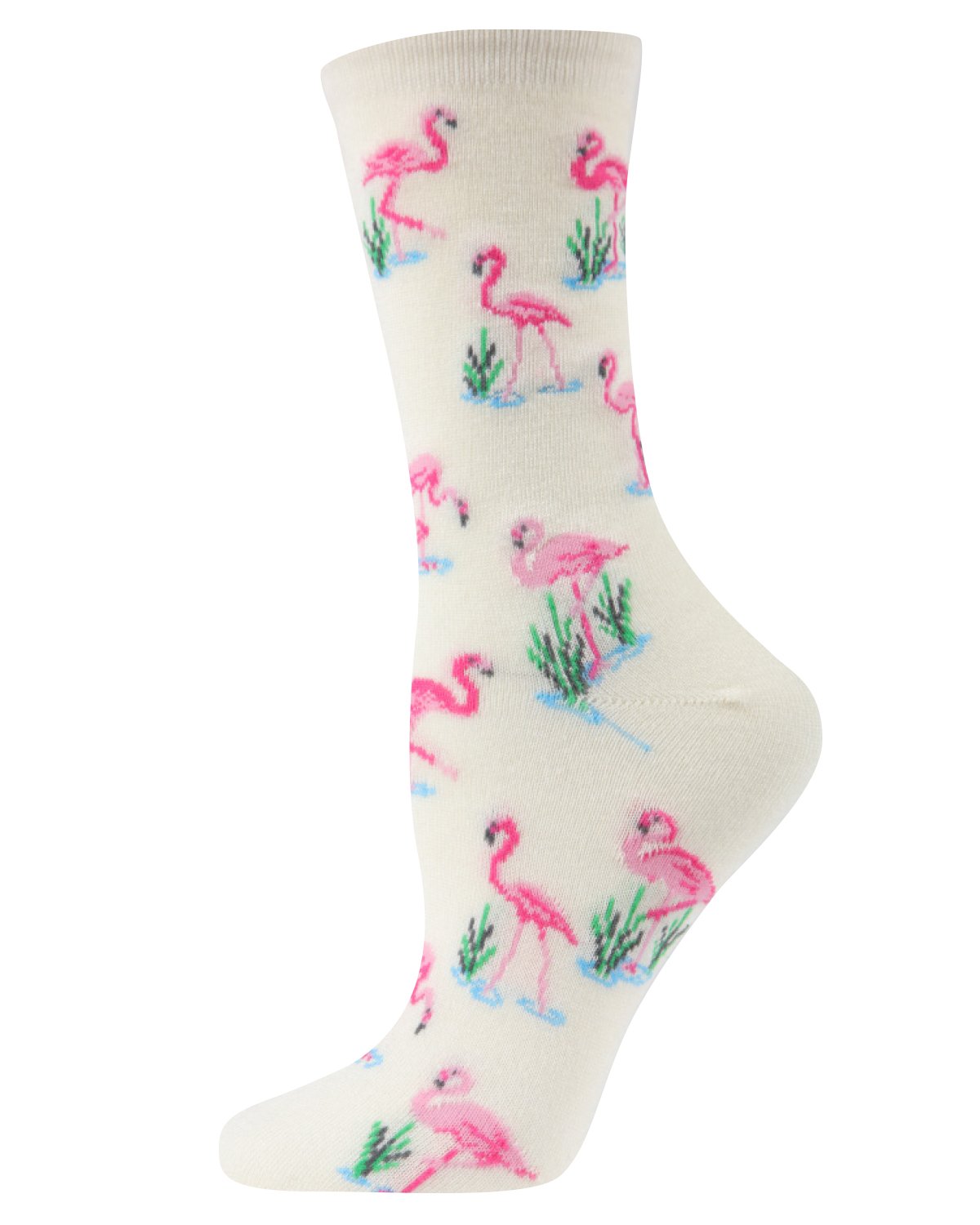 Feathered Frenzy Flamingo Bamboo Blend Crew Novelty Socks : Color: Ivory