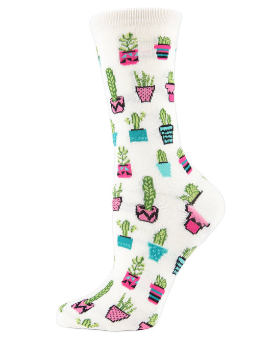 Potted Cacti Bamboo Blend Crew Socks : Color: Ivory