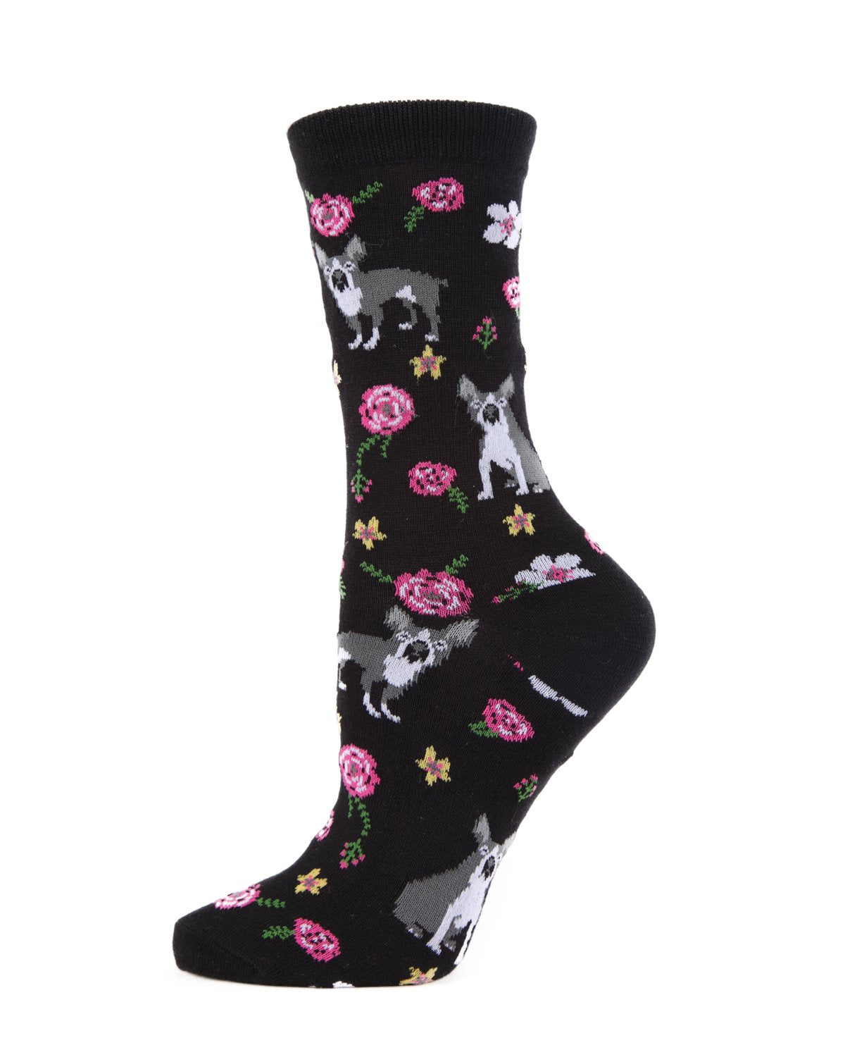 French Bulldog and Roses Bamboo Blend Crew Novelty Socks : Color: Black