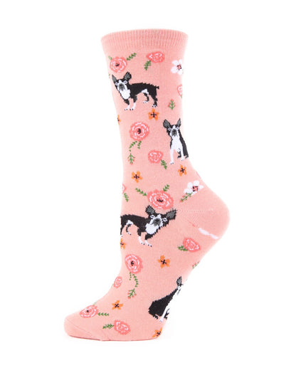 French Bulldog and Roses Bamboo Blend Crew Novelty Socks : Color: Mellow Rose