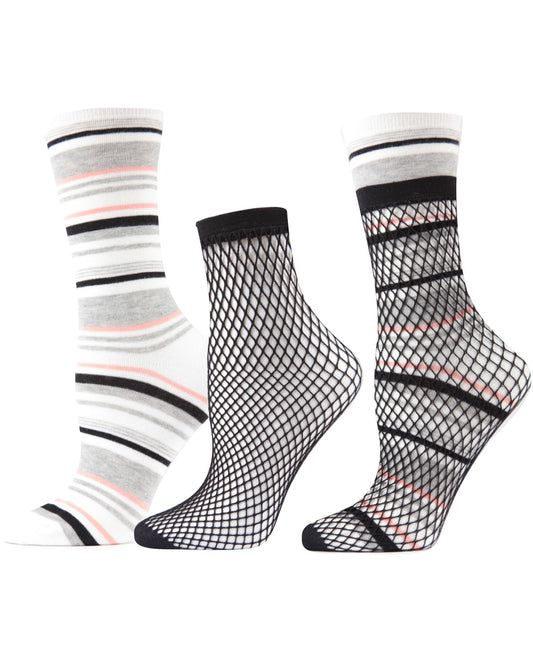 Three-In-One Striped Crew & Fishnet Sock : Color: White