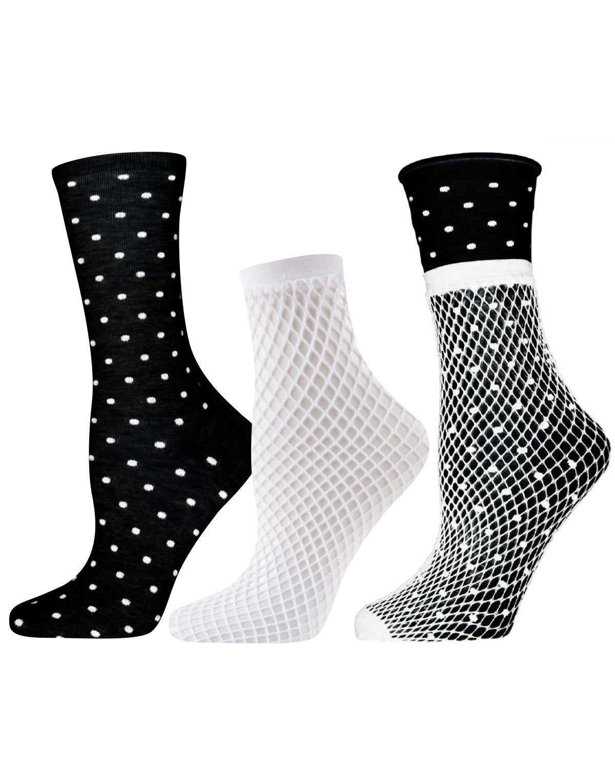Three-In-One Mix & Match Crew and Fishnet Socks : Color: Black