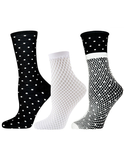Three-In-One Mix & Match Crew and Fishnet Socks : Color: Black
