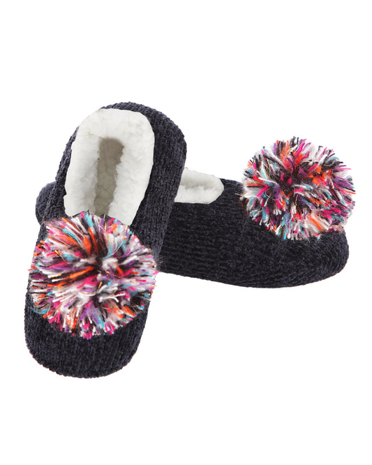 Women's Plush Pom-Pom Chenille Slippers : Color: Black