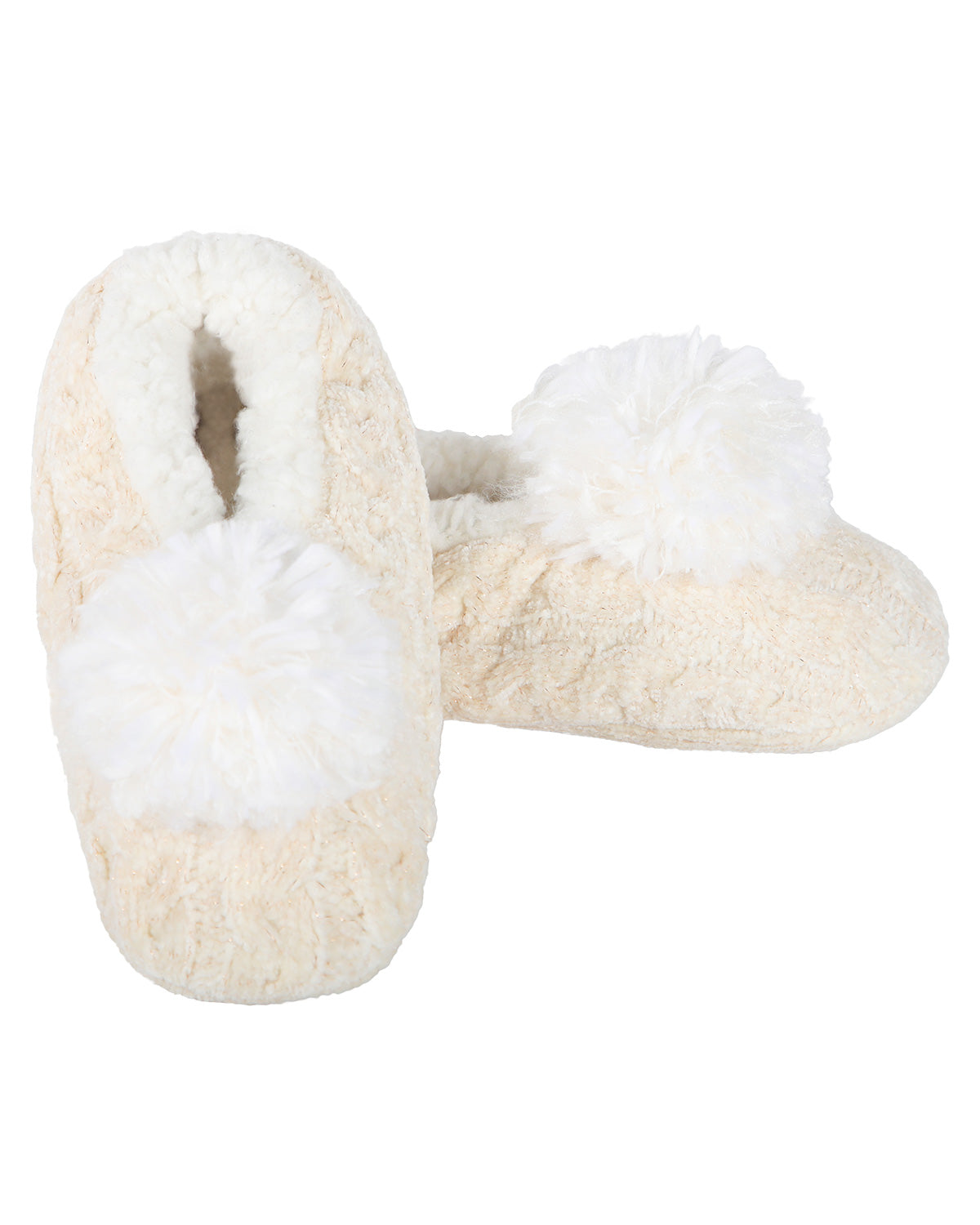 Women's Plush Pom-Pom Chenille Cable Knit Slippers : Color: Ivory