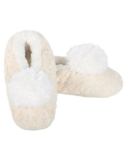 Women's Plush Pom-Pom Chenille Cable Knit Slippers : Color: Ivory