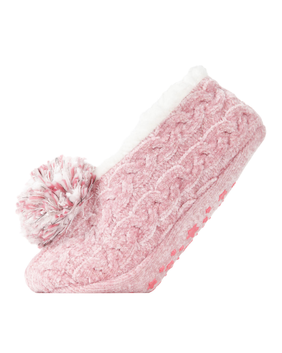 Women's Plush Pom-Pom Chenille Cable Knit Slippers : Color: Pink
