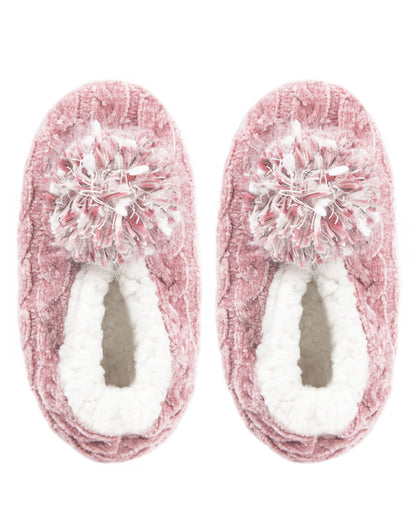 Women's Plush Pom-Pom Chenille Cable Knit Slippers : Color: Pink