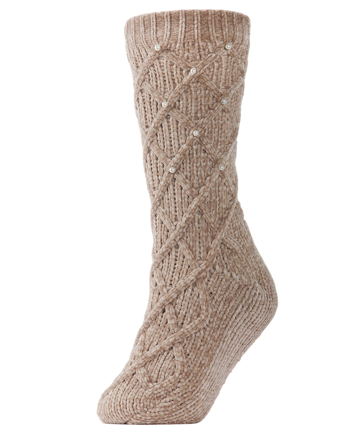Women's Pearl Lattice Plush Lined Slipper Socks : Color: Taupe
