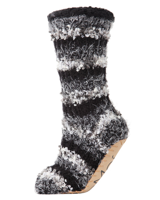 Women's Chunky Striped Knit Plush Lined Slipper Socks : Color: Black
