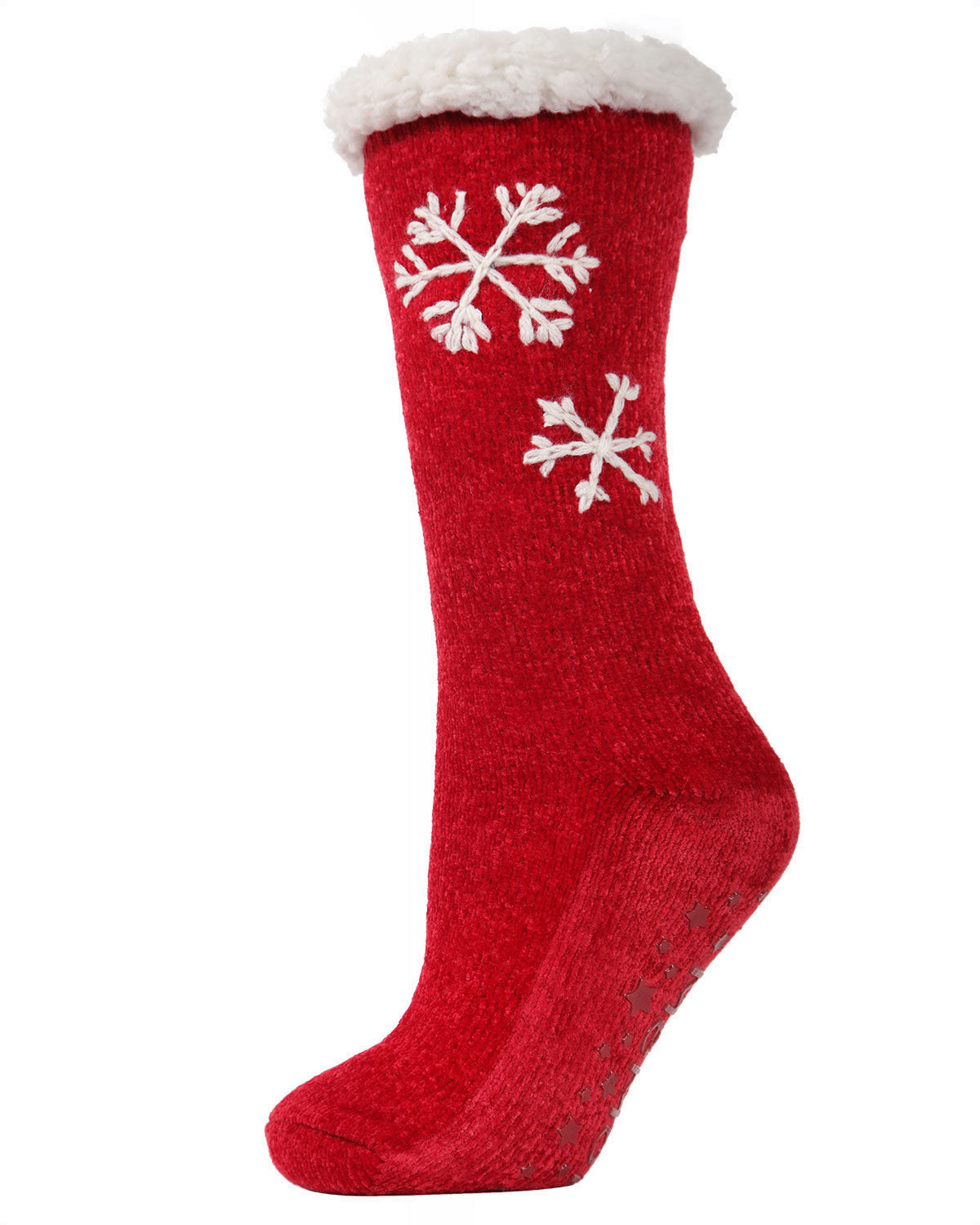 Women's Sweet Snowflake Tufted Top Plush Lined Slipper Socks : Color: Red