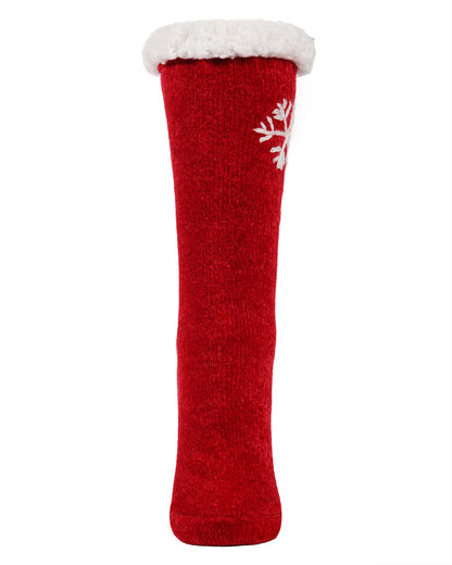Women's Sweet Snowflake Tufted Top Plush Lined Slipper Socks : Color: Red
