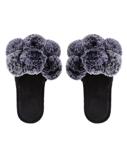 Women's Luxe Pom-Pom Memory Foam Plush Slippers : Color: Black