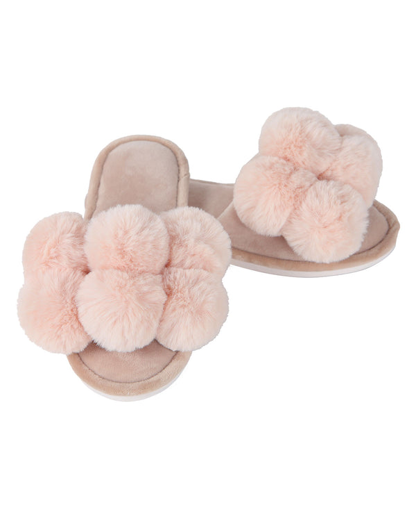 MeMoi Luxe Pompom Open Toe Plush Slippers