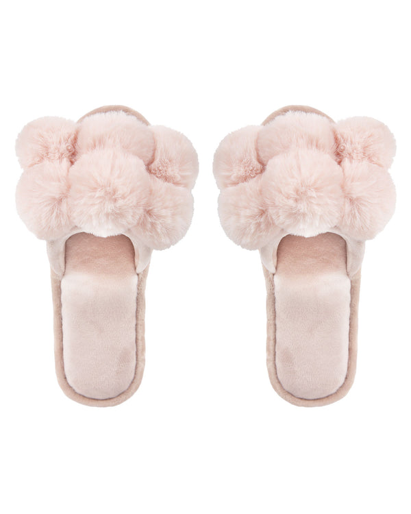 MeMoi Luxe Pompom Open Toe Plush Slippers