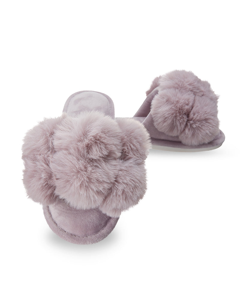 MeMoi Luxe Pompom Open Toe Plush Slippers