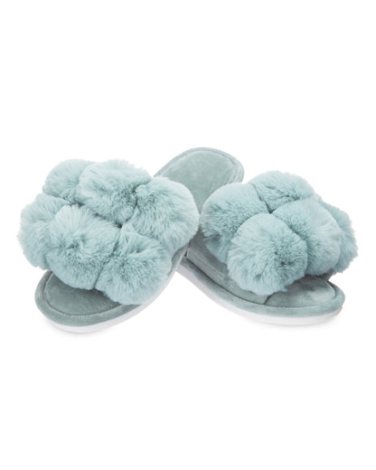 Women's Luxe Pom-Pom Memory Foam Plush Slippers : Color: Sea Blue