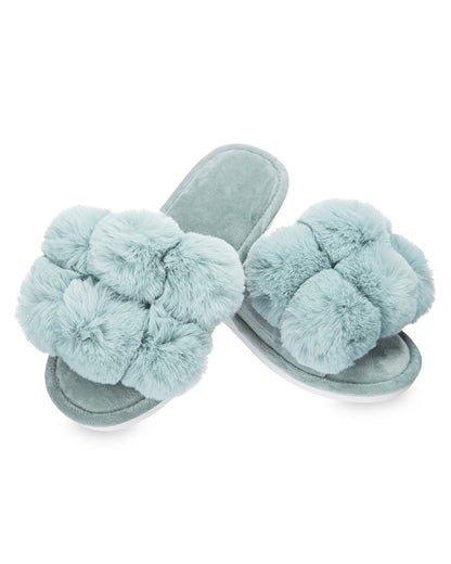 Women's Luxe Pom-Pom Memory Foam Plush Slippers : Color: Sea Blue