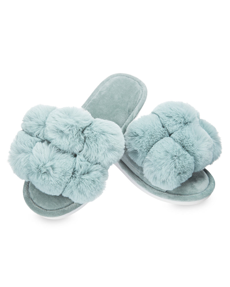 Luxe Pom-Pom Open Toe Plush Slippers