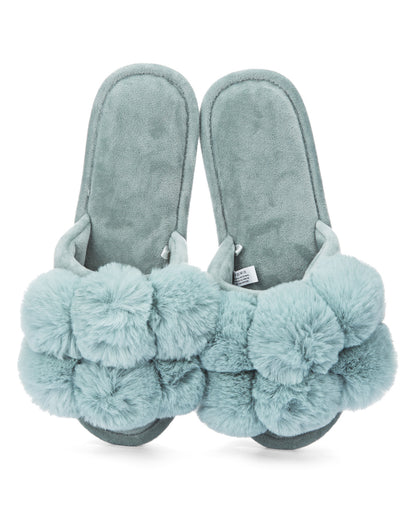 Women's Luxe Pom-Pom Memory Foam Plush Slippers : Color: Sea Blue