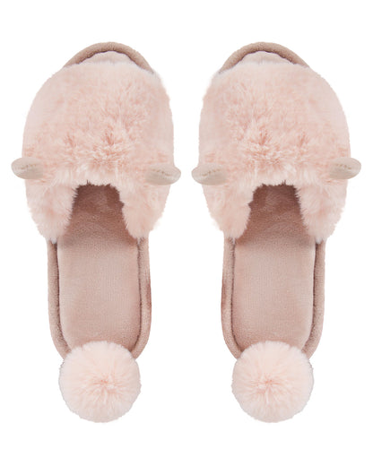 Bunny Hop Pom-Pom Open Toe Plush Slippers : Color: Blush Pink