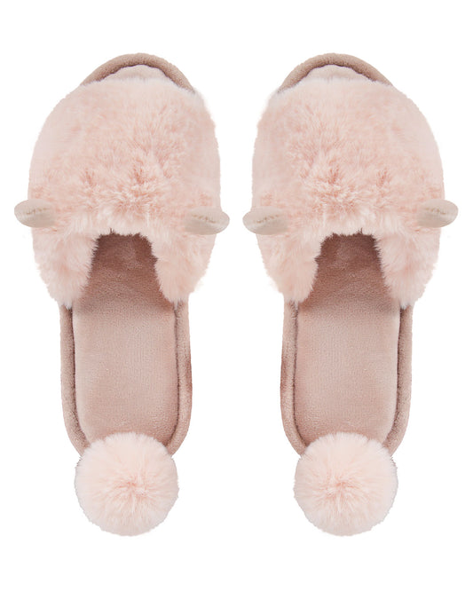 Bunny Hop Pom-Pom Open Toe Plush Slippers : Color: Blush Pink