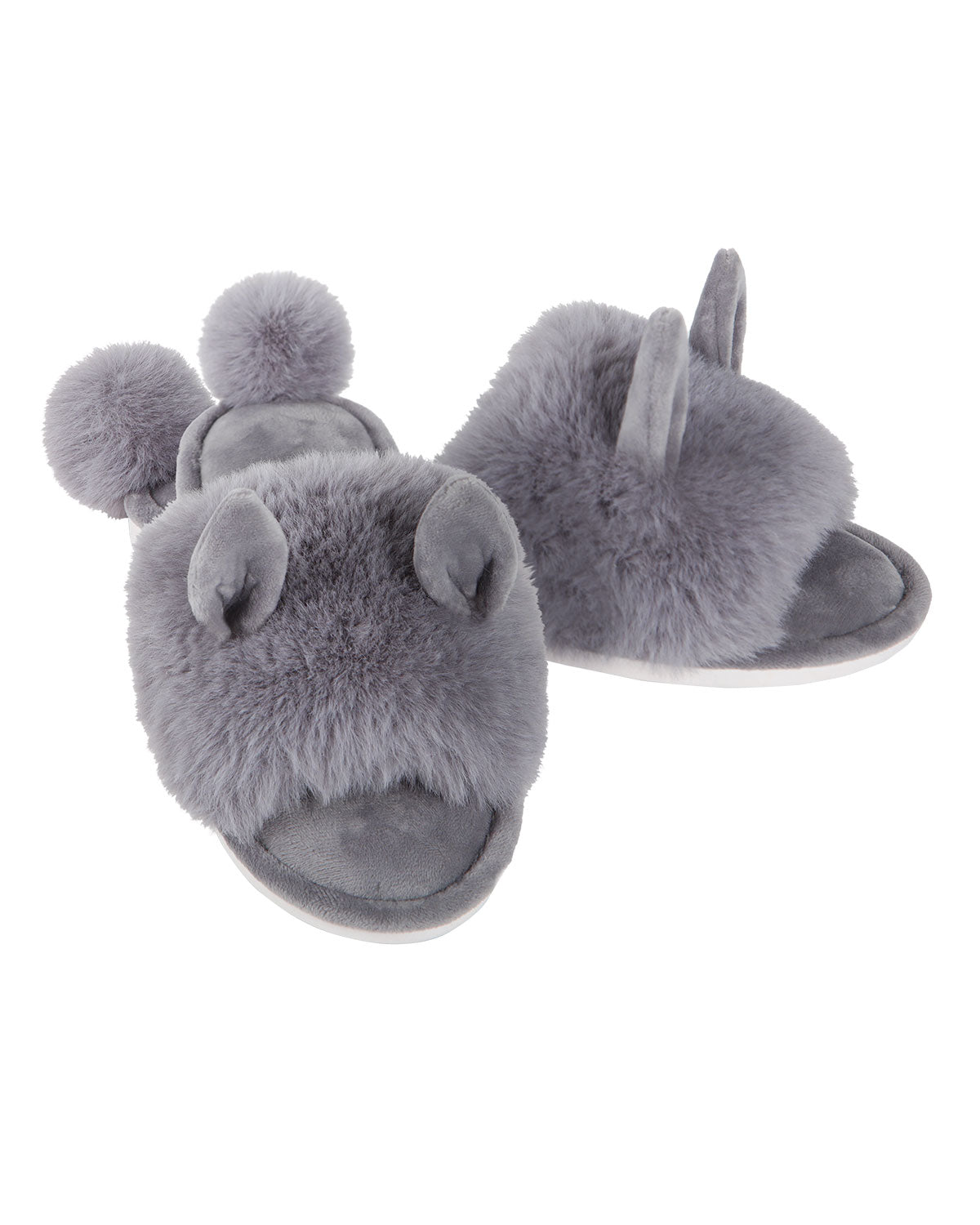 Bunny Hop Pom-Pom Open Toe Plush Slippers : Color: Gray