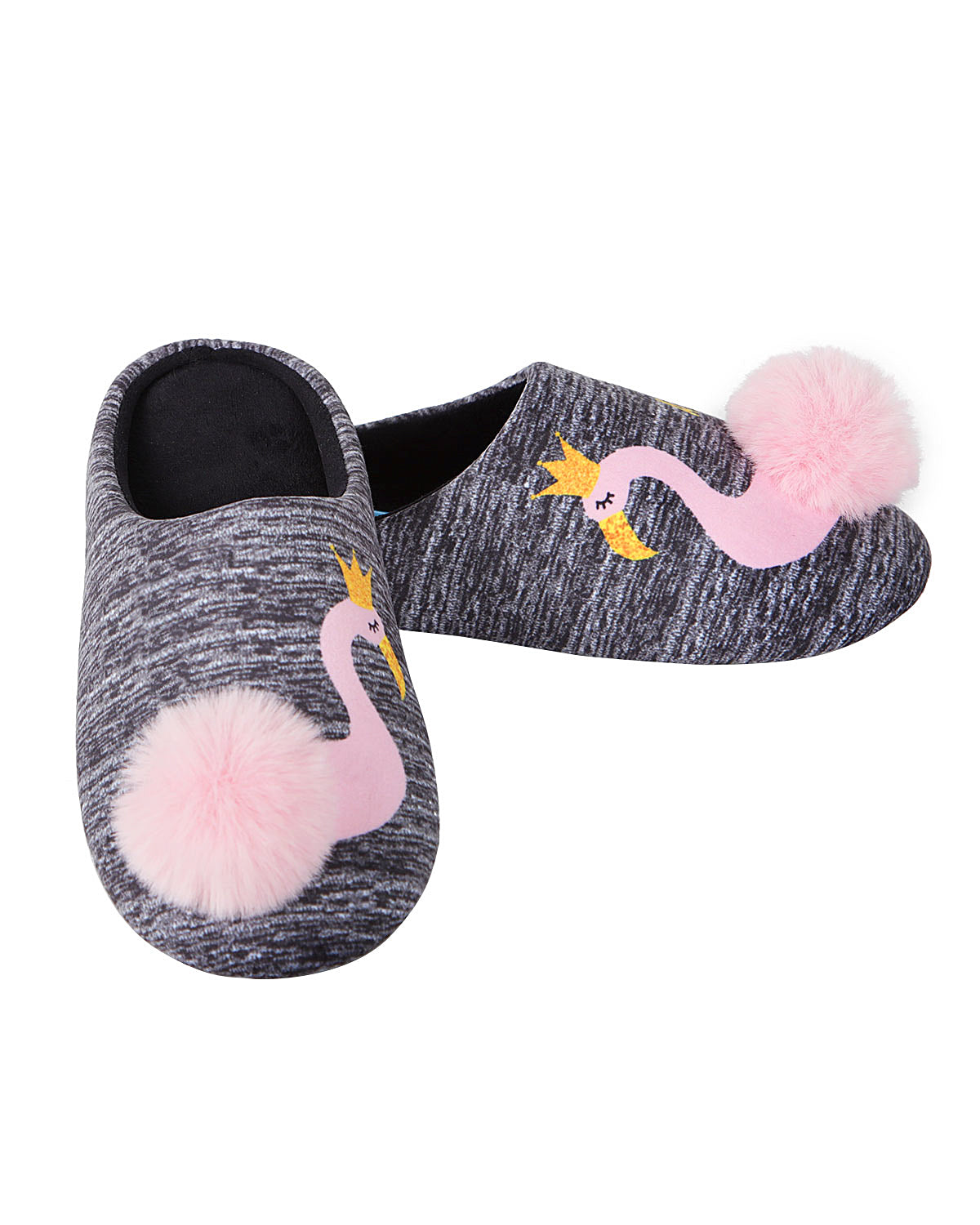 Royal Flamingo Pompom Plush Slippers : Color: Gray