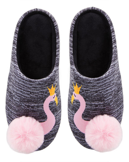 Royal Flamingo Pompom Plush Slippers : Color: Gray