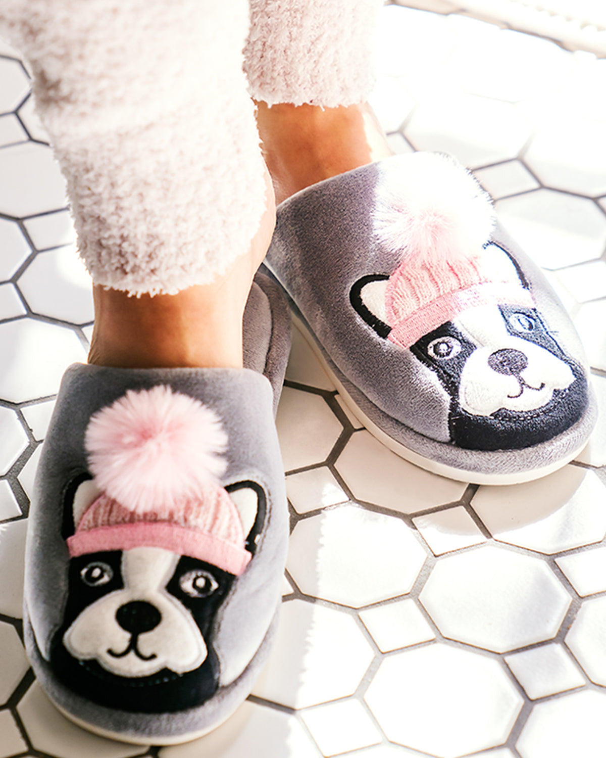 Dog Dame Plush Hard Sole Slippers : Color: Gray