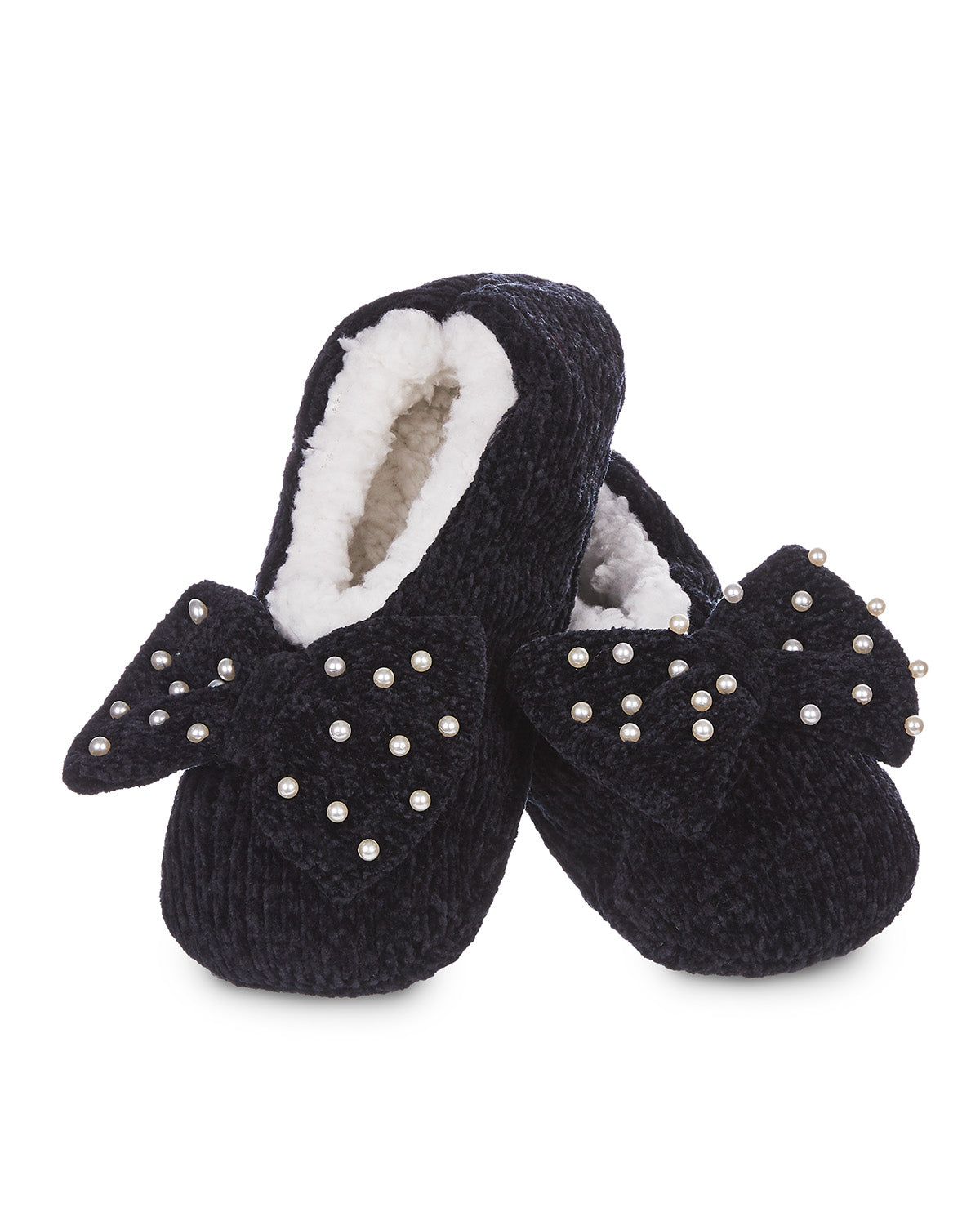 Women's Precious Pearls Chenille Bow Accent Sherpa-Lined Slippers : Color: Black