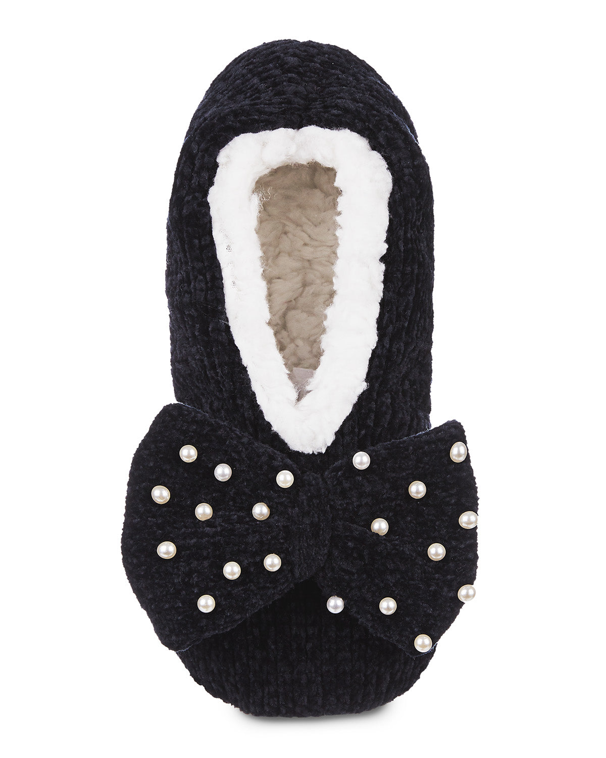 Women's Precious Pearls Chenille Bow Accent Sherpa-Lined Slippers : Color: Black