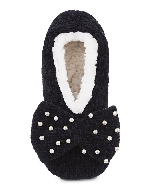 Women's Precious Pearls Chenille Bow Accent Sherpa-Lined Slippers : Color: Black