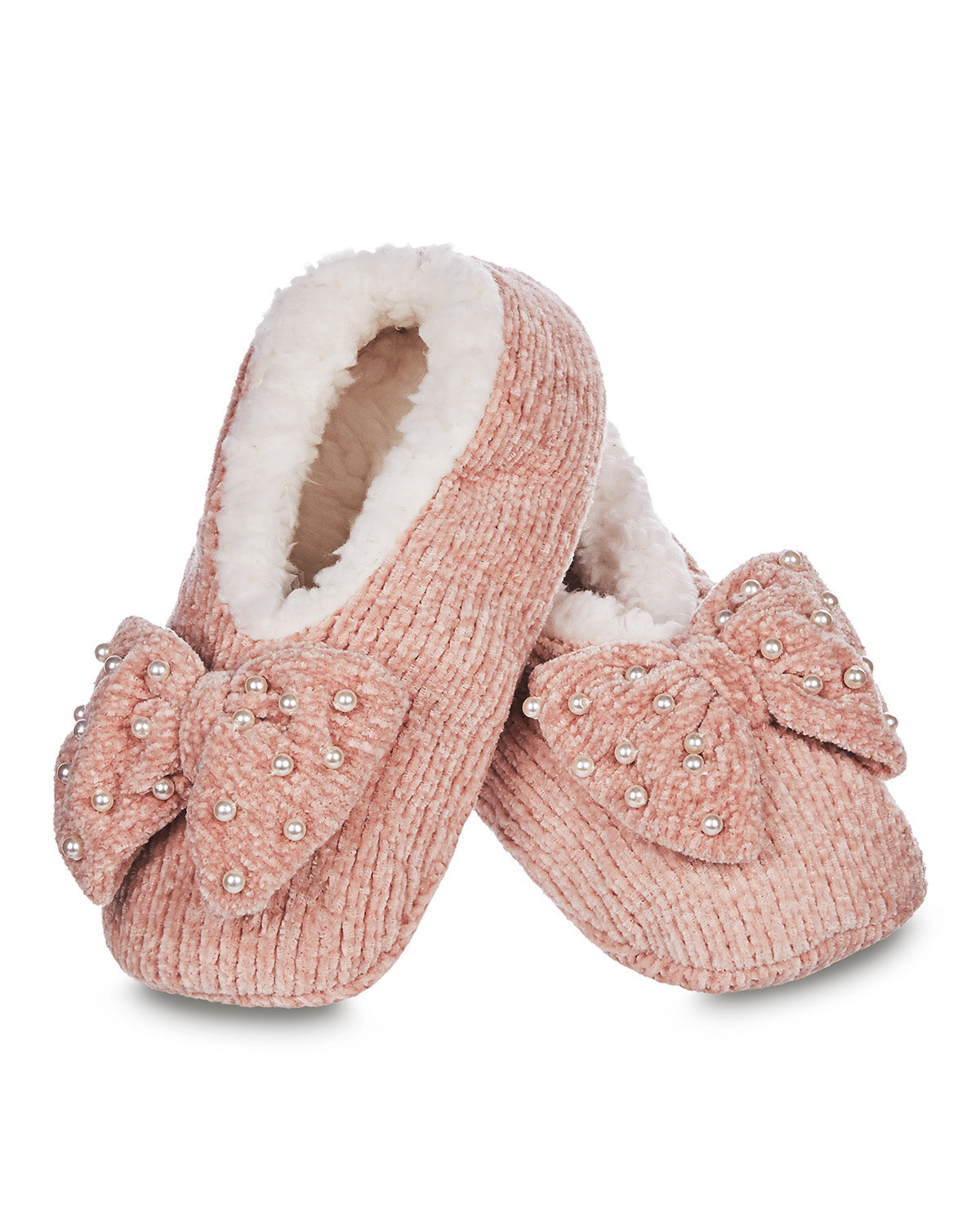 Women's Precious Pearls Chenille Bow Accent Sherpa-Lined Slippers : Color: Blush