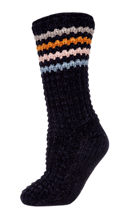 Women's Chunky Stripes Plush-Lined Slipper Crew Sock : Color: Navy