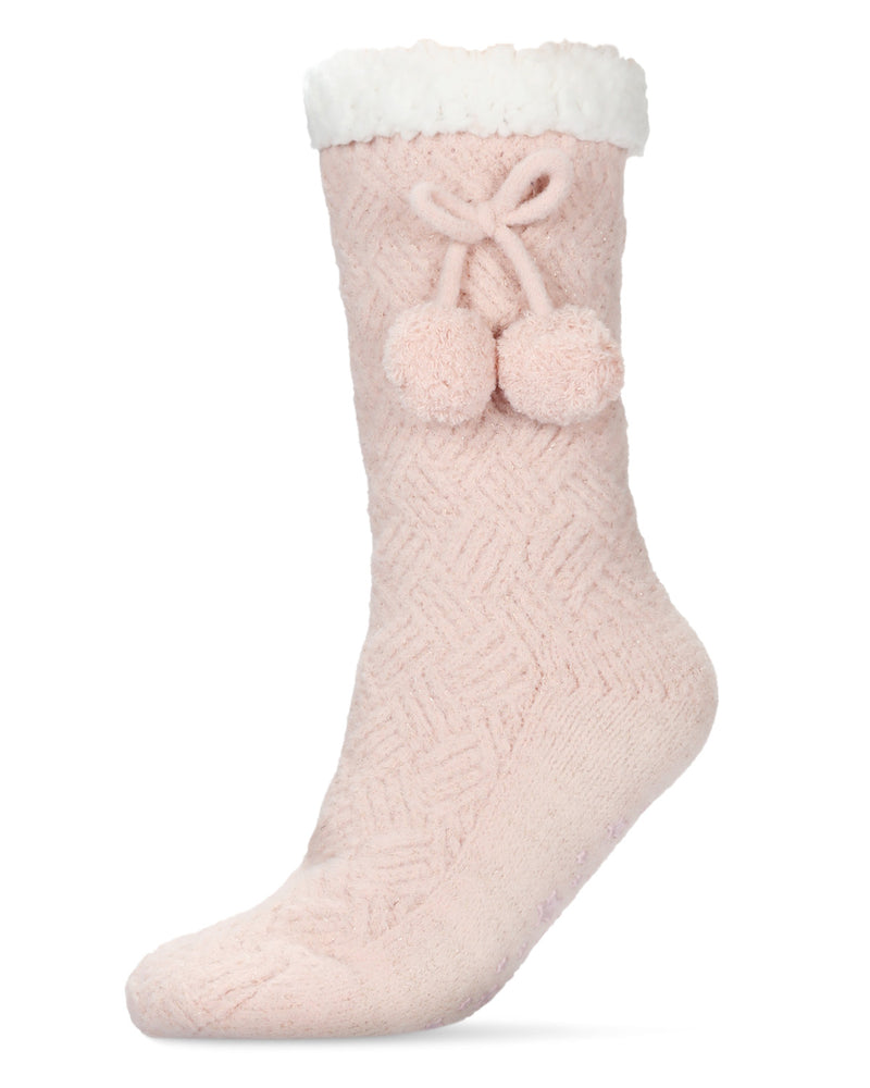 Women's Sherpa Lined Non-Slip Fuzzy Slipper Socks With Pom Poms Winter Snow  Warm