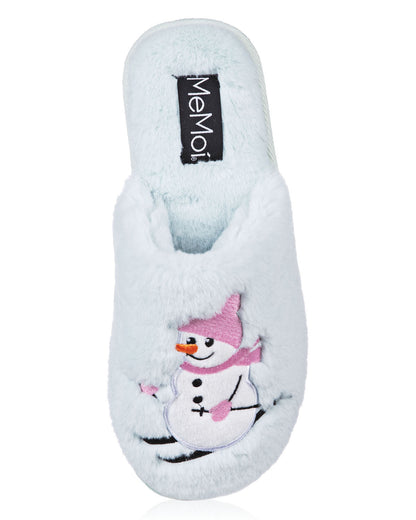 Women's Snowman Ski-Sons Hard Bottom Plush Slippers : Color: Light Blue