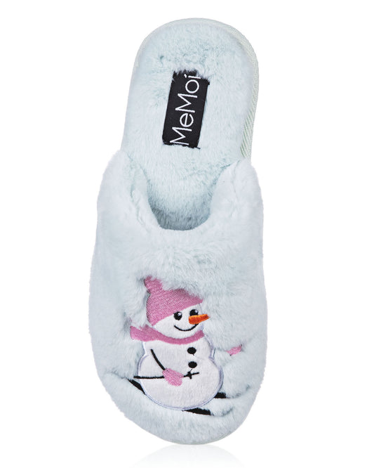 Women's Snowman Ski-Sons Hard Bottom Plush Slippers : Color: Light Blue