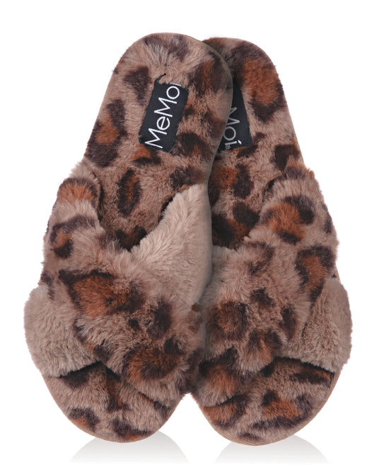 Cheetah Crossover Open Toe Plush Slippers : Color: Taupe