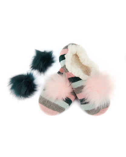Stripe Chenille Interchangeable Pom Pom Slippers : Color: Pink